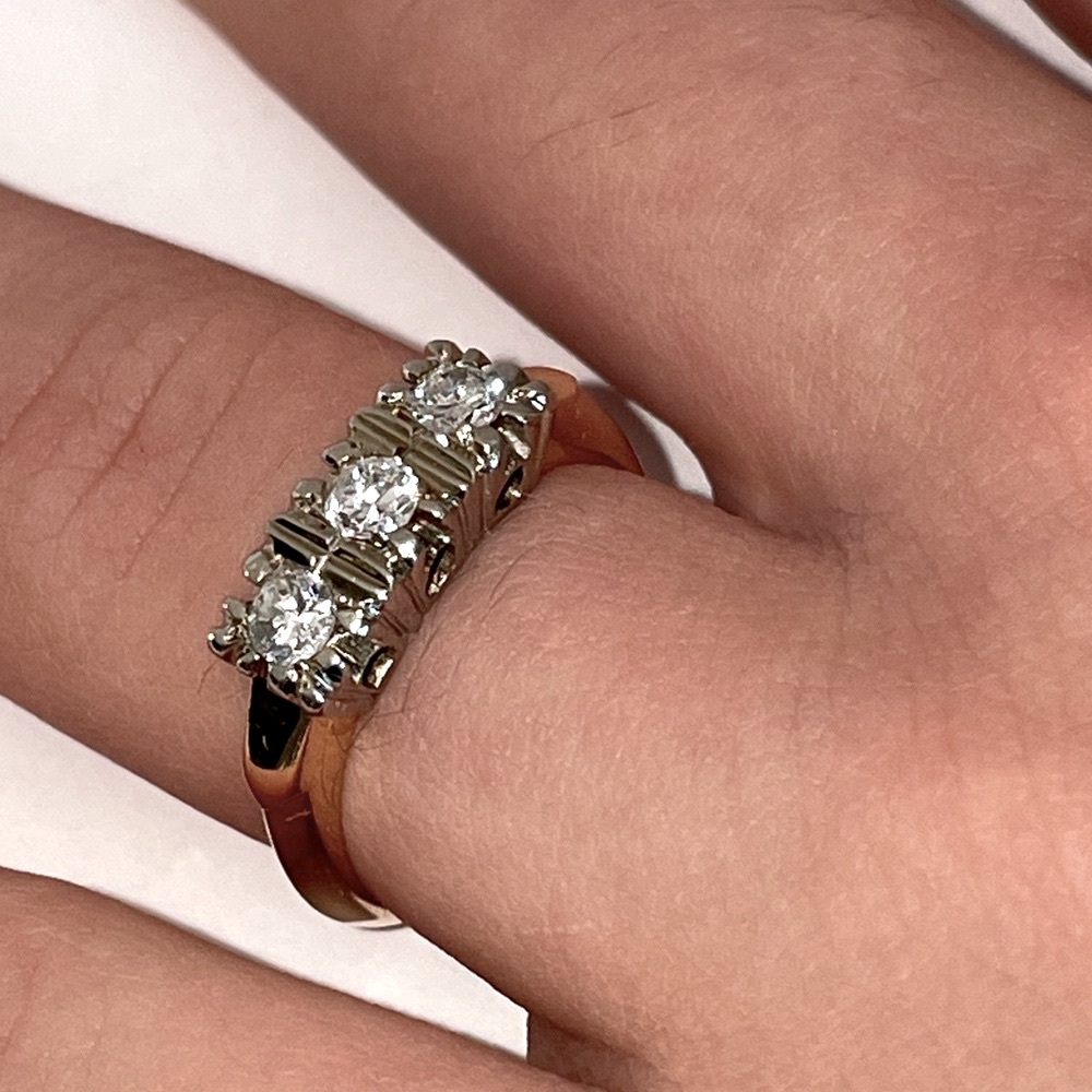 Solid 14K Ring Yellow & White Gold Natural Diamond Trio Band Vintage Antique